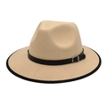 Detail of wide brim fedora hat in beige wool felt with a black decorative leather band - M (56-58cm) / Beige