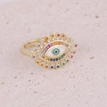 Gold Evil Eye ring with colorful cubic zirconia stones on a minimalist stone background - Colorful Zircon Evil Eye Style (1#)