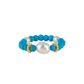 Bohemian turquoise beaded ring with natural freshwater pearl and golden accents - MPR01-14K / Blue (Turquoise + Pearl)