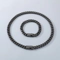 Hip hop black stainless steel Cuban link chain necklace and bracelet set for men - 10mm Wide Type B Buckle / Bracelet 21cm / Black