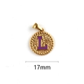 Golden stainless steel letter L charm with purple enamel drip, 17mm round pendant - L
