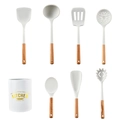 Set utensili da cucina in silicone bianco con manici in legno e secchiello contenitore - Set da 7 pezzi bianco
