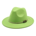 Detail of green fedora hat featuring white braided band and vintage gold metal beads - Fruit Green