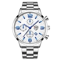 Men's luminous quartz watch with silver steel strap, white dial, and blue markers - Silver Steel Band White Dial [Steel + Calendar/Luminous]