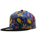 Flat brim snapback hat featuring dark blue tropical floral print and black peak detail - Deep Blue Satin Print Style (08)