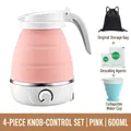 Pink portable foldable electric kettle set with 600ml capacity and storage bag - Knob Style - 4-piece Set (pink) / Japanese Standard Plug (in Stock) 110v