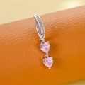 Pink heart-shaped zircon belly button ring with silver steel bar on orange leather - Double Heart 6.0 (Silver Pink)