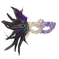 Lace masquerade mask with purple feathers and peacock accents in gradient finish - Feather Rhinestone Six-Petal - Gold & Purple