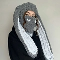 Handmade rabbit ear balaclava in grey and white knit with decorative metal rings - Grey White Ears
