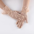 Elegant champagne lace gloves for women with floral hollow texture on a white background - Beige