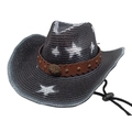 Detail of black straw cowboy hat featuring brown band with metal studs and star badge - Black