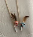Interactive wooden cat wand toy featuring colorful rope mice with feathers and bells - Round Ball Mouse