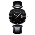 Minimalist men's quartz watch with matte black dial and black litchi leather strap - Black Dial Silver Case Black Leather Strap