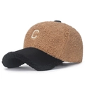 Brown lamb wool baseball cap with black brim and white C letter embroidery - Dark Camel with Black Brim