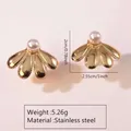 Golden fan-shaped petal stud earrings in stainless steel with white pearls - Stainless Steel Pearl Fan Petal Studs