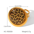 Detail view of 18K gold plated stainless steel ring with leopard print and size specs - Round Leopard Print Open Ring (HC-R30559)