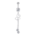 Close-up of silver belly ring with large zircon and triple heart dangling chains - 2751 Steel Color Heart Tassel