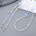 Beaded crossbody phone strap with white pearls and blue checkered bow accents - K3449 Pearl Crossbody Chain Blue Bowknot