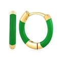 Macro detail of gold hoop earrings with green enamel finish and S925 silver needles - Green