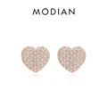 Sparkling S925 sterling silver heart stud earrings with rose gold plating and full pave stones - US Size 6 / Stud Earrings / Rose Gold