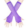 Detail of bright purple fishnet long fingerless gloves with elastic nylon mesh texture - One Size / Purple
