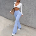 Y2K light blue high waisted flare leggings and white long sleeve crop top set - S / Light Blue