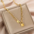 18K gold-plated paperclip chain necklace with a mini padlock and Love engraved pendant - Gold Lock