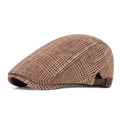 Brown plaid flat cap with adjustable leather strap and metal buckle for a custom fit - Adjustable / Khaki
