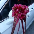 Large red two-tone decorative wedding bow with golden Xi character on car mirror - Wine Red with Square Xi Character