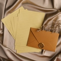 Vintage linen texture envelope and kraft paper stationery set with gold wax seal detail - 3 Coffee Envelopes + 10 Kraft Papers + 3 Seals (Soft Glue) / Coffee