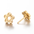 Boucles d'oreilles fleurs ajourées dorées avec finition en métal brossé, vue double - Fleur à cinq pétales / Or