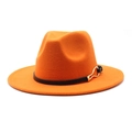 Detail view of orange felt fedora hat featuring black leather band and gold metal buckle - Orange