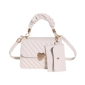 Beige quilted crossbody bag with heart lock and decorative wavy handle - Off White