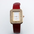Detail of square quartz watch with diamond bezel, white dial and red leather strap - Red