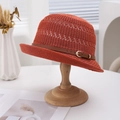 Orange woven breathable sun hat with brown leather band and chic hollow out design - Caramel color