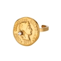 Vintage 18K gold-plated coin ring with portrait relief and crystal accent - Gold Coin White Zirconia Open Ring (7193)