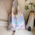 Borsa tote in tela con stampa floreale impressionista e toppa in tessuto con scritta - Mare di Fiori Blu
