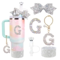 Pink and mint water bottle accessory kit with rhinestone letter G charm and straw cover - Style 4 (Letter G)