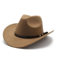 Detail view of camel felt cowboy hat with brown leather band and gold metal rivets - M (56-58cm) / Khaki