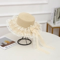 Beige wide brim straw sun hat with elegant white lace ribbons and bow for beach - Flat Lace Knot Beige