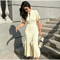 Vestido midi de punto crema de manga corta con botones frontales y cuello alto elegante - S / Albaricoque