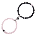 Close-up of pink zebra stone couple bracelets with magnetic heart-shaped connecting clasp - Rose Quartz + Frosted Stone Bracelet