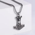 Nordic Viking Mjolnir pendant in vintage silver finish with Celtic knot patterns - Steel Color (With 60cm Pearl Square Chain)