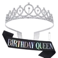 Birthday Queen set with silver crystal crown and black glitter sash for birthday parties - BIRTHDAY QUEEN Silver Black Holographic Set