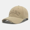 Distressed khaki baseball cap with black letter embroidery and vintage frayed edges - Khaki