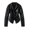 Women's black faux leather blazer jacket with notched lapel and belted waist detailing - S / Black