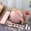 Pink wheat straw noodle bowl set including lid, cup, and 6-piece cutlery in a storage box - 6-Piece Set (Including Cup & Case) / Nordic Pink