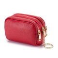 Red pebbled leather mini coin purse with three zipper pockets and a gold keychain - Red