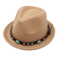 Cappello fedora in feltro cammello con fascia in pelle nera e pietre turchesi - M Taglia Unica Adulto (56-58cm) / Cammello