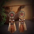 Bohemian tribal dangle earrings with pink rhinestone and brown long fringe tassels - Hollow Flower Tassel (H3704)